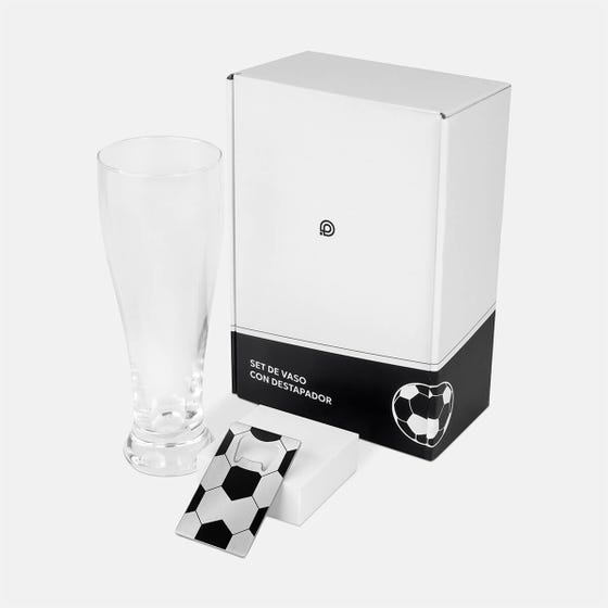Set de Vaso Cervecero y Destapador Futbol Soccer personalizado con caja de regalo